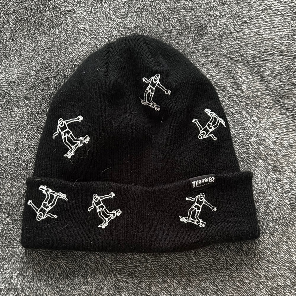 Thrasher Black Beanie with Skater Embroidery